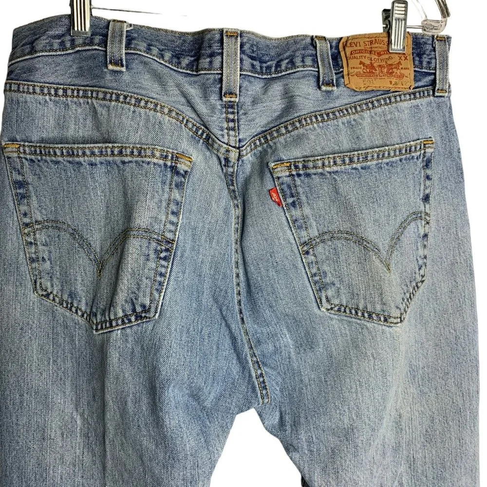 Levis 501 Button Fly Straight Leg Jeans 38/29 Med Wash Distressed 5 Pocket